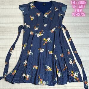 City Chic Blue Floral Fit & Flare Dress Size 14 Polka Dot Print Never Worn